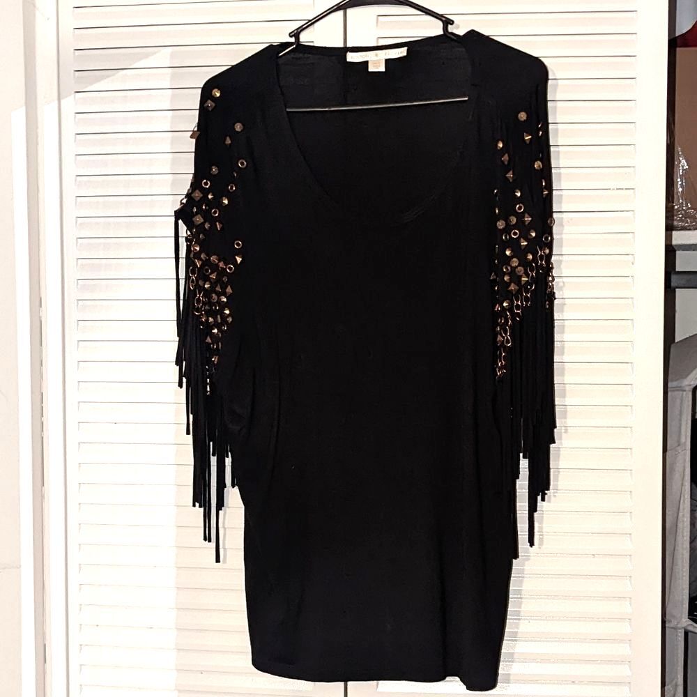 Boston Proper Large Black Mob Wife Rock & Roll Blouse Fringe Grommet Studded